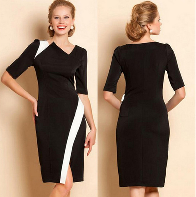 Black - White Tight Fitting Knee Length Womens Career Dresses Couture Of Polyester