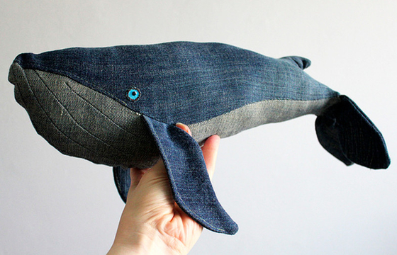 Blue Recycled crafts Whale Stuffed Animal unique gifts 20 inches of Yarn Dyed Pattern