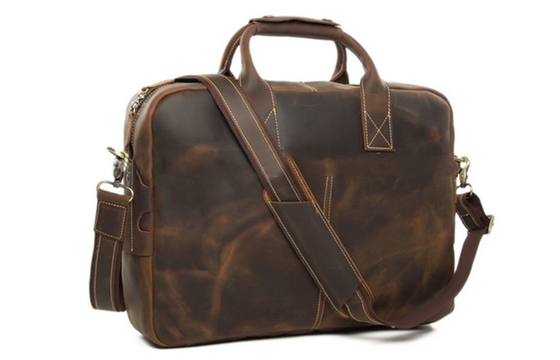 Male Dark Brown Long Strap Shoulder Leather Computer Bag For Business Travel