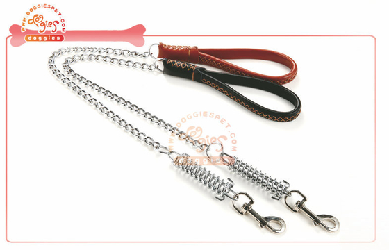 Long Alloy Anti Bite Chain Leather Dog Collar And Leashes With Strong Spring Hook